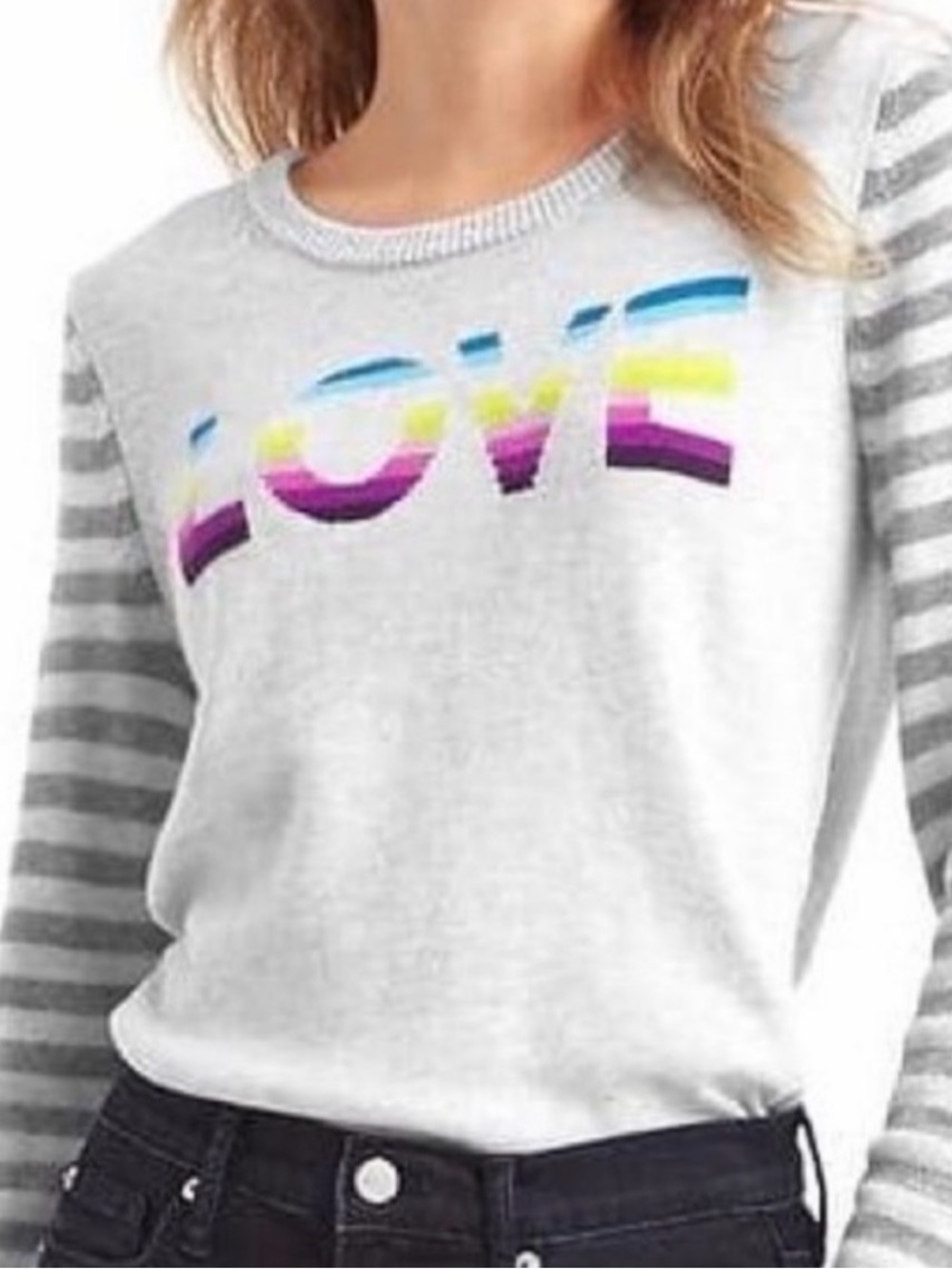 LOVE Striped Sleeve GAP Sweater - Gray + Rainbow